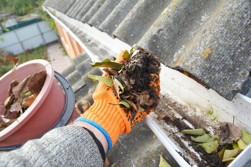 handful of gunk from a dirty gutter to clean out the gutter and downspouts