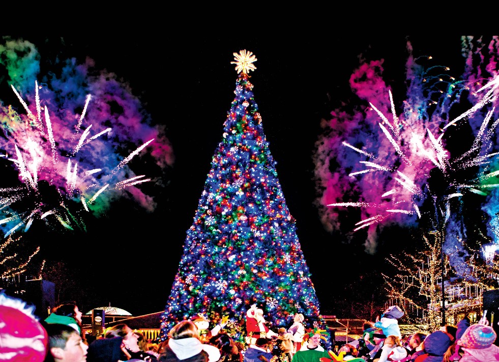 tall Christmas tree with people below and fireworks in the sky 